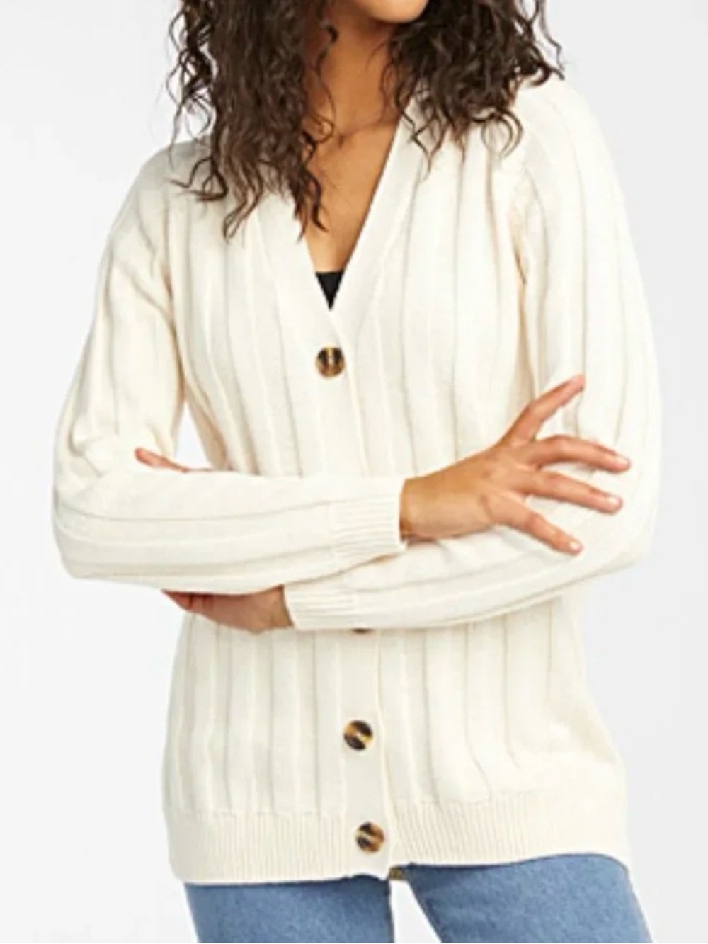 twik Cream Ribbed V-Neck Button Cardigan